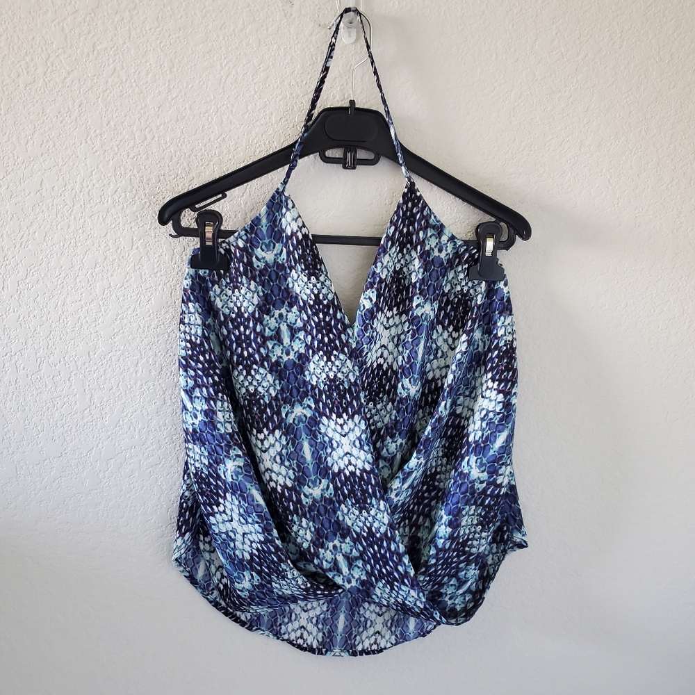Aqua blue snake print faux wrap halter top
